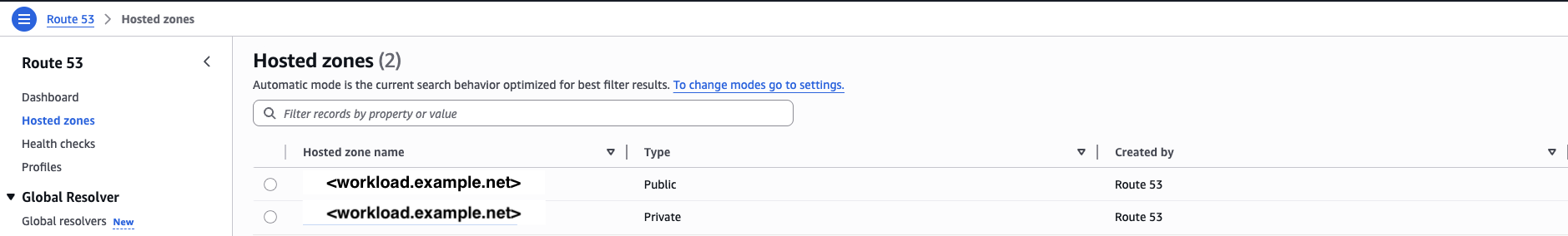Hosted zones list showing public and private types